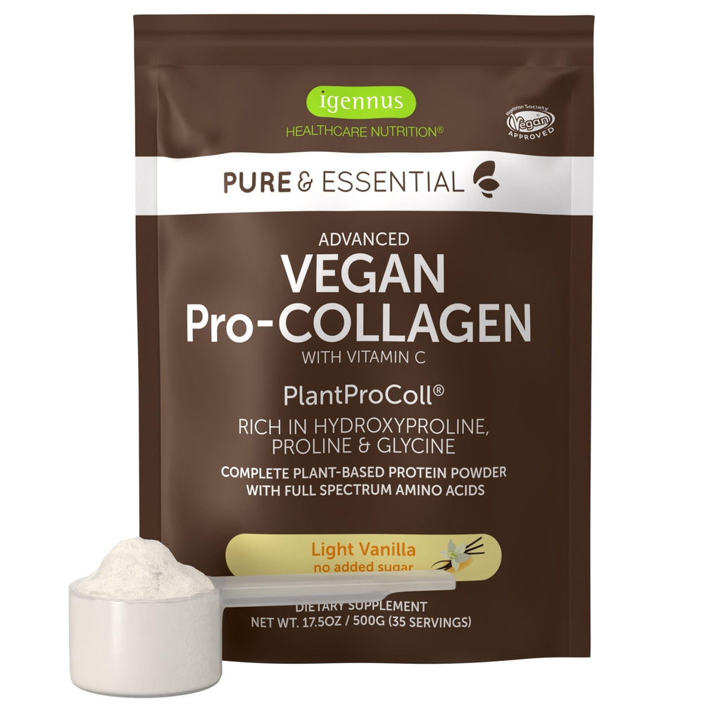Igennus Advanced Vegan Vanilla Collagen Powder tub for shakes and plant-based protein boost.
