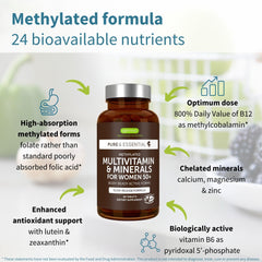 Igennus Methylated Women's 50+ Multivitamin label close-up shows vegan, hypoallergenic formula.