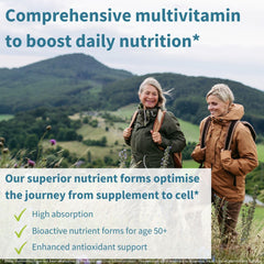 Igennus Methylated Women's 50+ Multivitamin tablets beside water for easy daily intake.