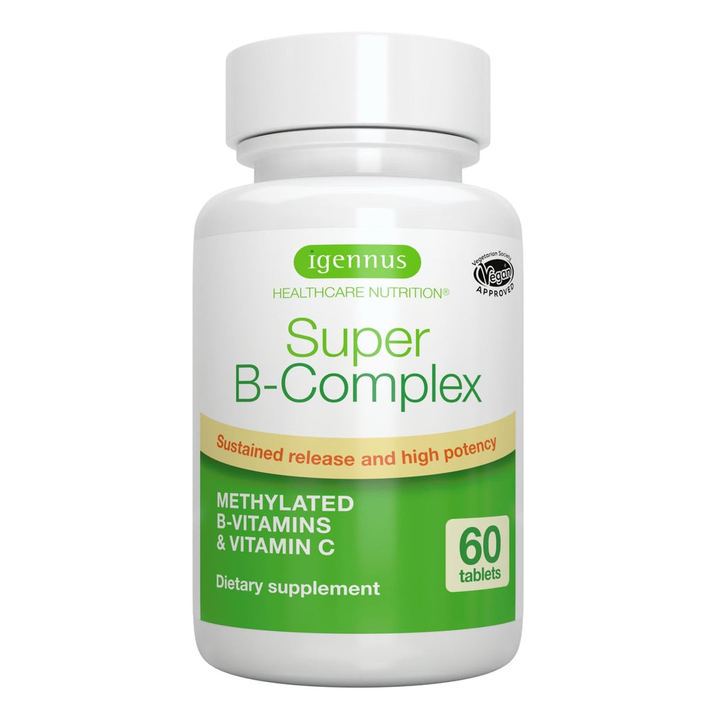 Igennus Super B-Complex bottle-front showing compact vegan formula for all-day energy