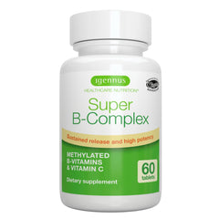 Igennus Super B-Complex bottle-front showing compact vegan formula for all-day energy
