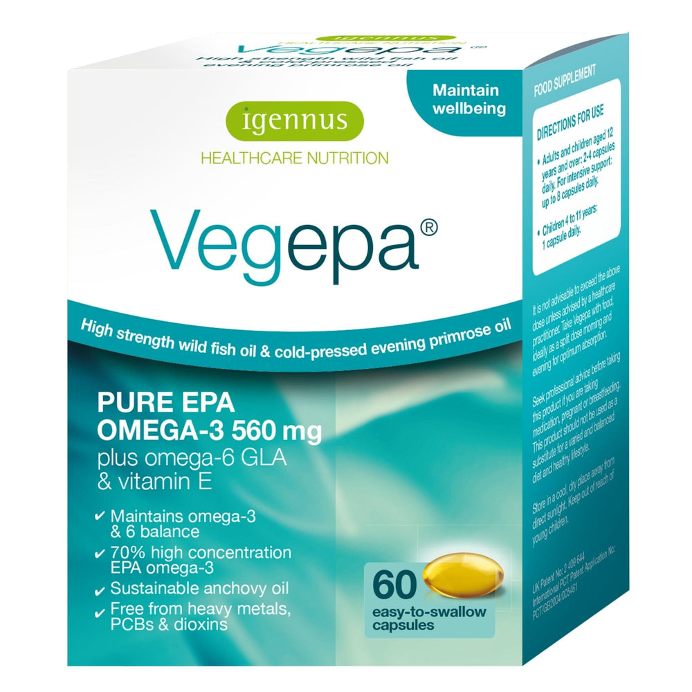 Igennus Vegepa bottle and capsules shown for omega-3 and evening primrose oil support