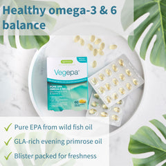 Close-up of Vegepa softgels highlighting small, easy-to-swallow design for daily use