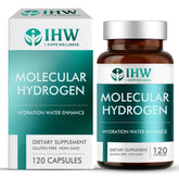 IHW hydrogen water tablets packaging highlights non-GMO gluten-free formula for clean hydration.