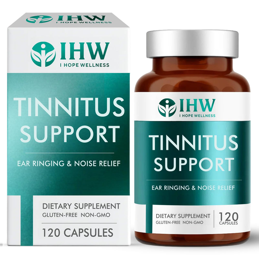 IHW Tinnitus Relief bottle label highlights ingredients for ear health support.