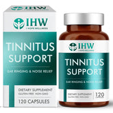 IHW Tinnitus Relief bottle label highlights ingredients for ear health support.