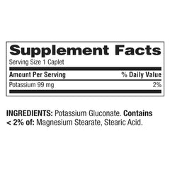 ikj Potassium Caplets bottle side label highlights gluten-free and vegetarian-friendly features.
