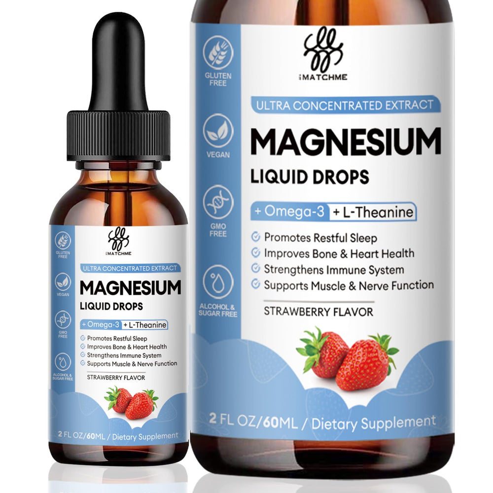 imatchme magnesium liquid bottle shows strawberry flavor for easy daily calm support.