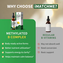 iMATCHME methylated B-complex liquid drops label explains key ingredients and usage.