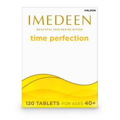 Imedeen Time Perfection Tabs packaging shown for daily skin support.