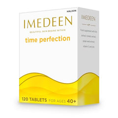 Imedeen Time Perfection Tabs bottle closeup highlights premium packaging and skin support.