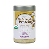 Imlak'esh Organics Sacha Inchi Protein powder label highlighting organic, vegan, and non-GMO features.