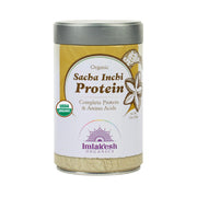 Imlak'esh Organics Sacha Inchi Protein powder label highlighting organic, vegan, and non-GMO features.