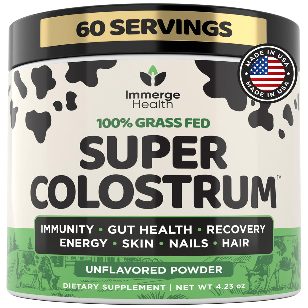 ImmergeHealth Super Colostrum bottle shows grass-fed formula for daily wellness