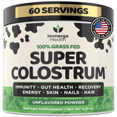 ImmergeHealth Super Colostrum bottle shows grass-fed formula for daily wellness