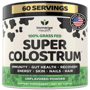 ImmergeHealth Super Colostrum bottle shows grass-fed formula for daily wellness