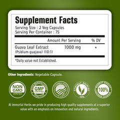 Two-capsule serving of Immortal Herbs Guava Leaf Extract for daily consumption.