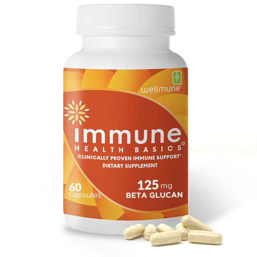 Immune Health Basics capsule close-up showing 125 mg beta glucan for daily support