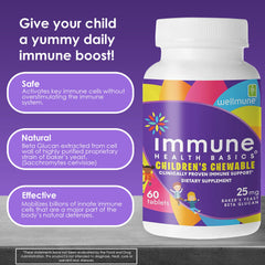 Immune Health Basics Wellmune beta glucan bottle highlights high-purity immune support for children.