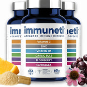 Immuneti Advanced Immune Support bottle front shows the 6-in-1 formula for daily wellness.