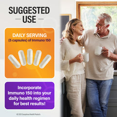 Capsules poured from Immuno 150 bottle illustrating easy daily dosing.