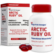 Immunocorp Arctic Ruby Oil bottle label showing sustainable omega-3 formula for heart and brain support.