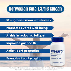 Immutol capsules close-up emphasizes easy-to-swallow, high-potency beta-glucan.