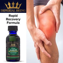 Imperial Being Royal Arnica Oil herbal blend ingredients showcased for natural care.