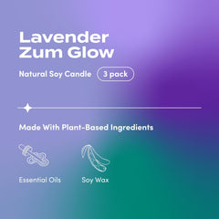 Indigo Wild Zum Glow Lavender Candle closeup with wax and wick highlighting lead-free craftsmanship.