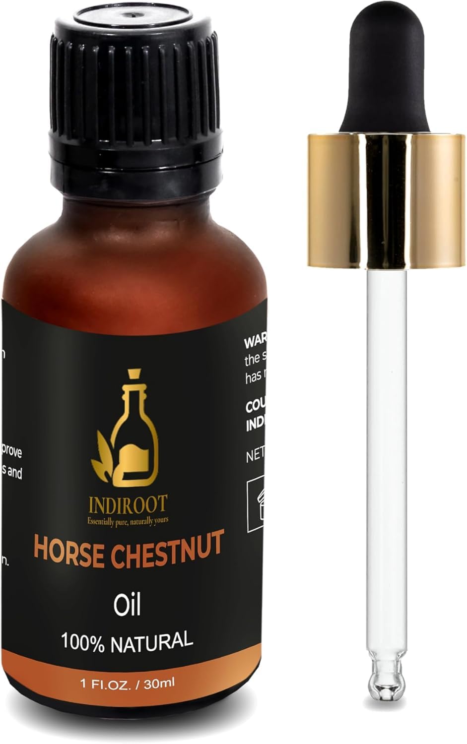 INDIROOT Horse Chestnut Oil bottle confirms pure carrier oil for skincare routines.
