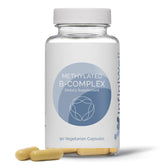 InfiniWell Methylated B Complex bottle front shows high-potency B vitamins for energy support.