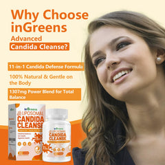 inGreens candida softgels label highlights natural ingredients and clear dosage for easy use.