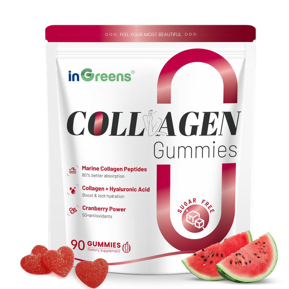 inGreens collagen gummies bottle shows sugar-free, 5000mg marine collagen for daily wellness.
