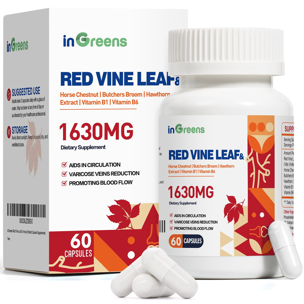 inGreens Red Vine Leaf Extract bottle shows premium formula for vascular support and circulation