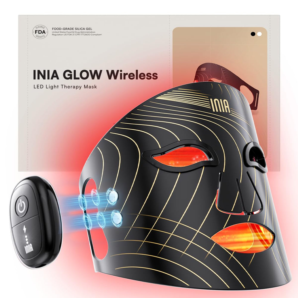 INIA Glow red-light mask face panel for at-home skin rejuvenation sessions.
