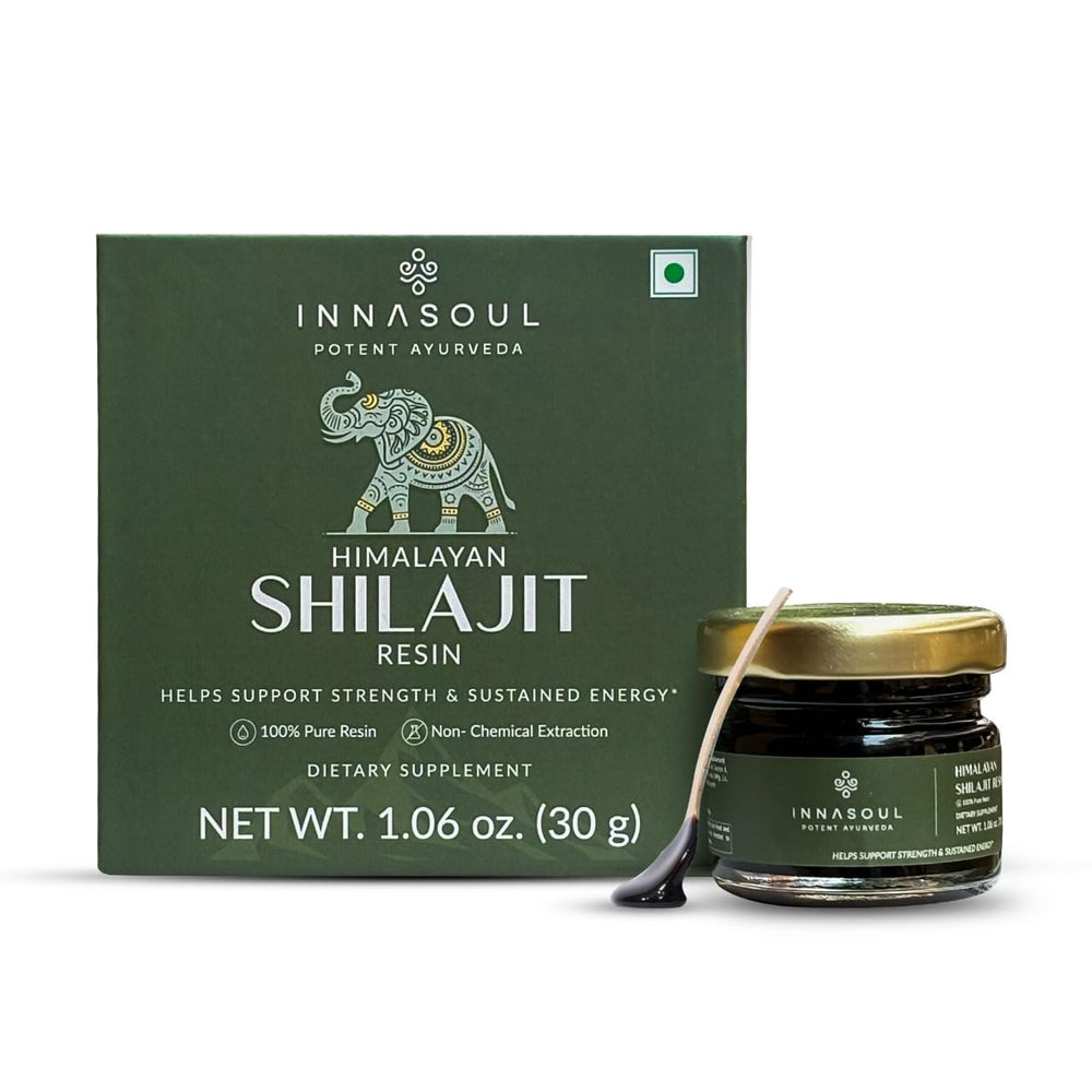 INNASOUL Shilajit resin bottle highlighting premium quality and vitality benefits