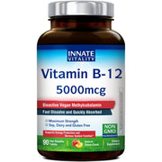 Innate Vitality B12 5000mcg packaging emphasizes vegan formula for daily energy support