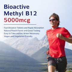 Innate Vitality B12 5000mcg tablet on tongue shows peach flavor dissolve