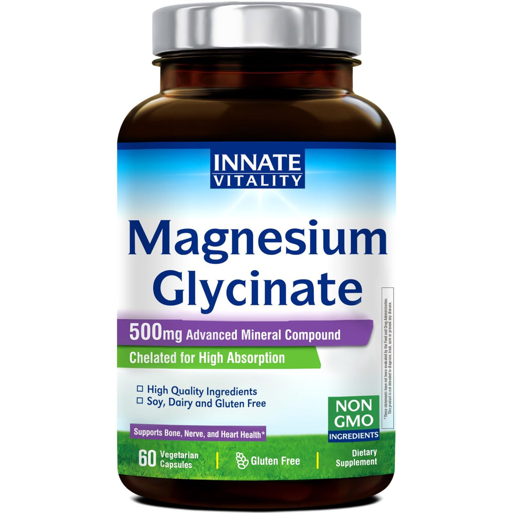 Innate Vitality Magnesium Glycinate 500mg bottle front, easy daily intake for everyday wellness.