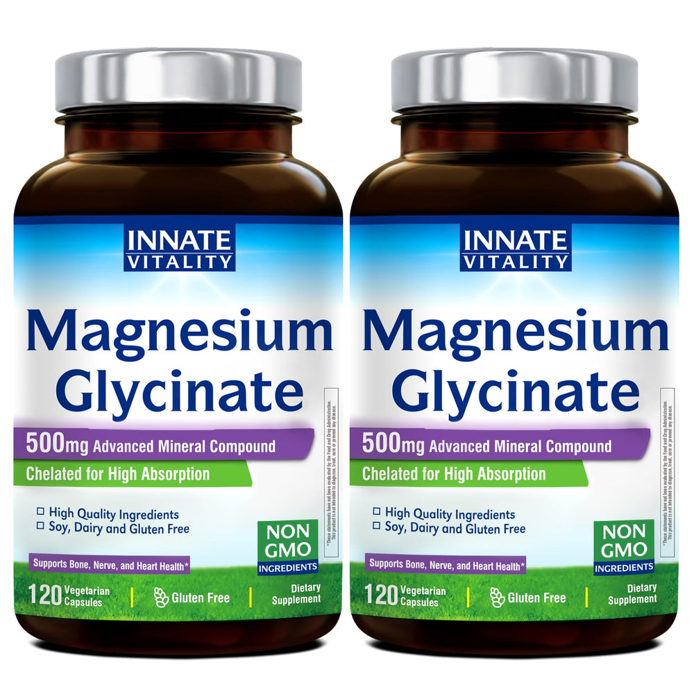 Innate Vitality Magnesium Glycinate bottle shows 500mg dosage for high absorption