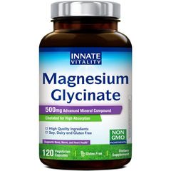 Innate Vitality Magnesium Glycinate bottle close-up highlighting vegan, highly absorbable formula