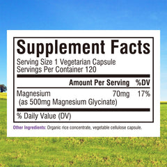 Innate Vitality magnesium capsules close-up notes 70 mg elemental magnesium per capsule