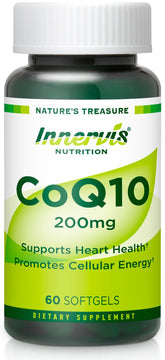 Innervis Nutrition CoQ10 softgel bottle with 200mg label highlighting energy support.