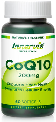 Innervis Nutrition CoQ10 softgel bottle with 200mg label highlighting energy support.