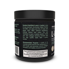 Innotech Nutrition Solutions L-Lysine powder label close-up showing purity and ingredients.