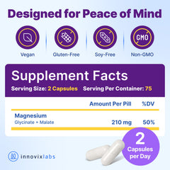 Closeup of InnovixLabs capsules, easy-to-swallow magnesium glycinate and malate