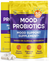 InnovixLabs Mood Probiotic bottle shows convenient daily support for digestion and mood.