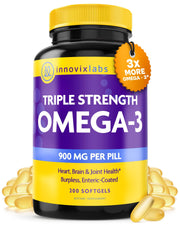 InnovixLabs triple-strength Omega-3 bottle highlighting high-potency formula for daily support.