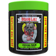 Insane Labz Psycho Sam watermelon powder scoop ready for a workout energy boost.