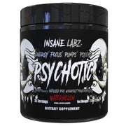 Insane Labz Psychotic Black Watermelon powder tub showing flavor and premium packaging